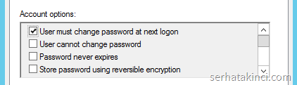 Password change successfully. User must change password at first Logon. Password never expires. Must change. Password never expires Active Directory Flag.